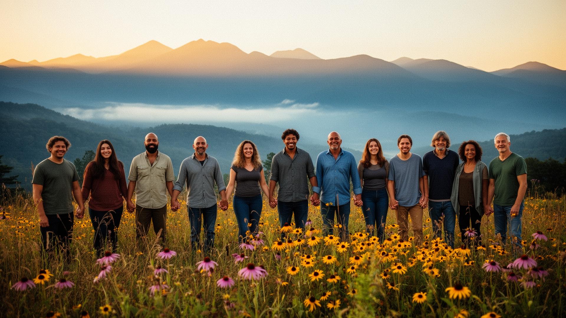 North Carolinians standing together in a wildflower meadow with the Smoky Mountains at sunset